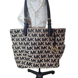 Michael Michael Kors MK Signature Khaki Canvas Tote Shoulder Bag 15X12X5